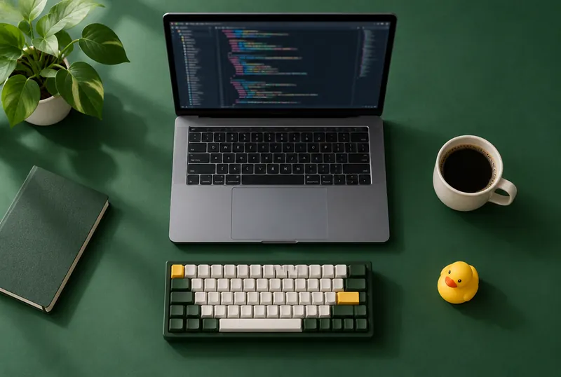Laptop with a code editor, a mechanical keyboard and a rubber duck