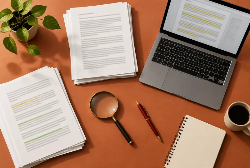 Printed essays, a magnifying glass and a laptop with a highlighted document