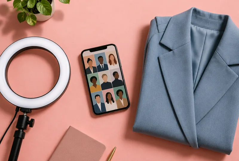 Smartphone with portrait thumbnails next to a ring light and a blazer