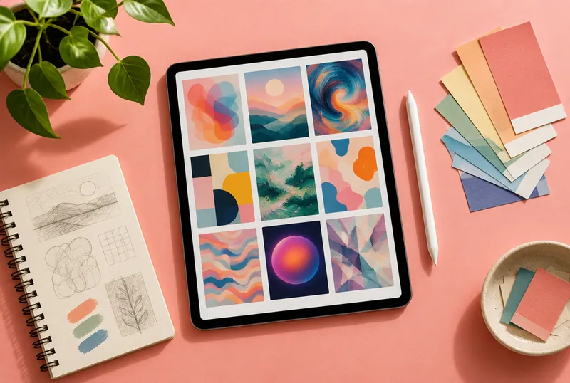 Tablet showing a grid of AI-generated images next to a stylus and color swatches