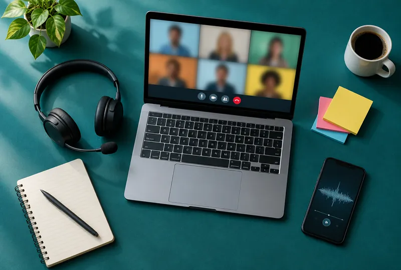 Laptop showing a video call next to a headset, notebook and sticky notes