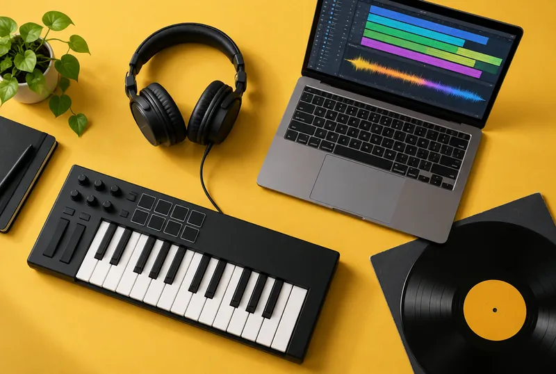 MIDI keyboard, headphones and a laptop with a music timeline