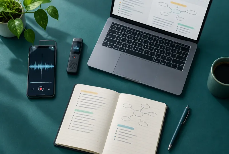 Phone recording audio, a laptop with notes and a voice recorder