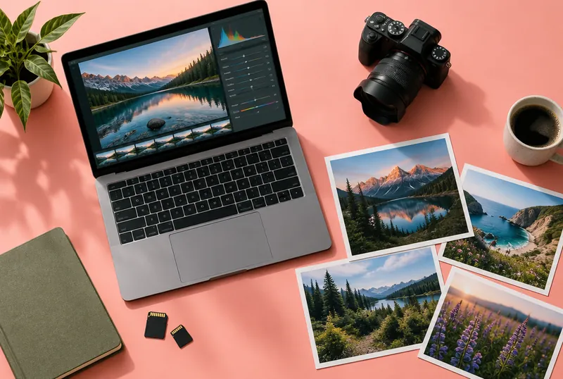 Laptop editing a landscape photo next to a camera and prints