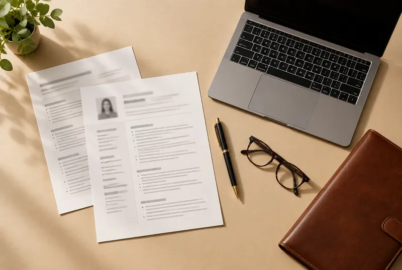Printed resume pages next to a laptop, pen and glasses