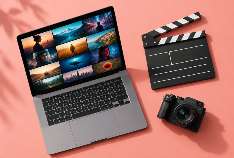 Laptop with AI-generated video clips next to a clapperboard
