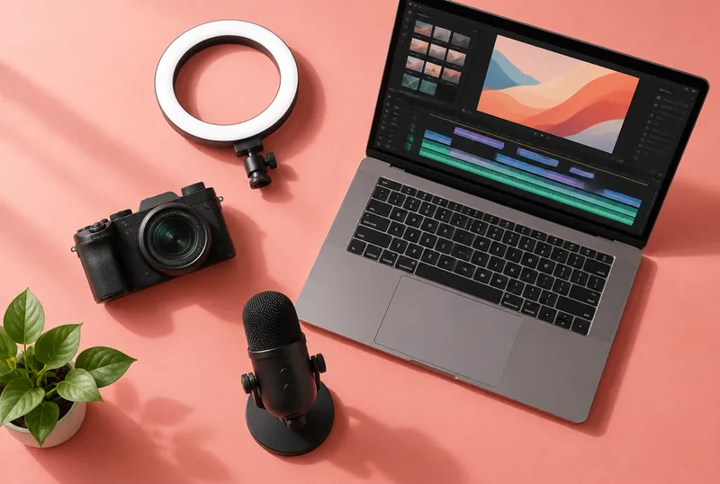 Camera, ring light and laptop with a video timeline