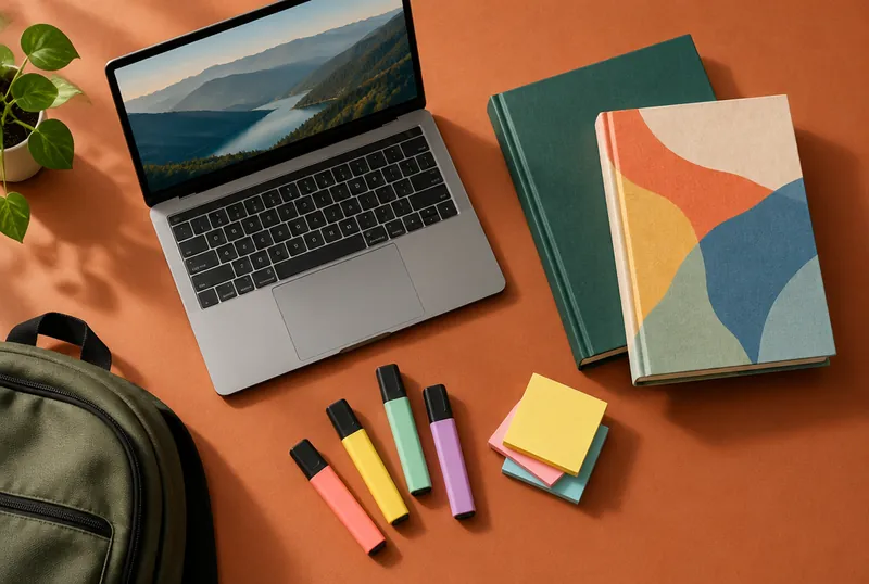 Laptop with textbooks, highlighters and sticky notes