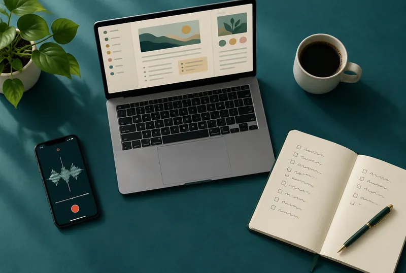 Laptop with meeting notes, a phone recording audio and a notebook with a checklist