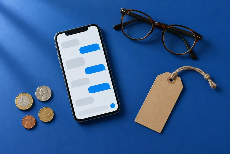 Smartphone with a chat app next to a blank price tag and coins