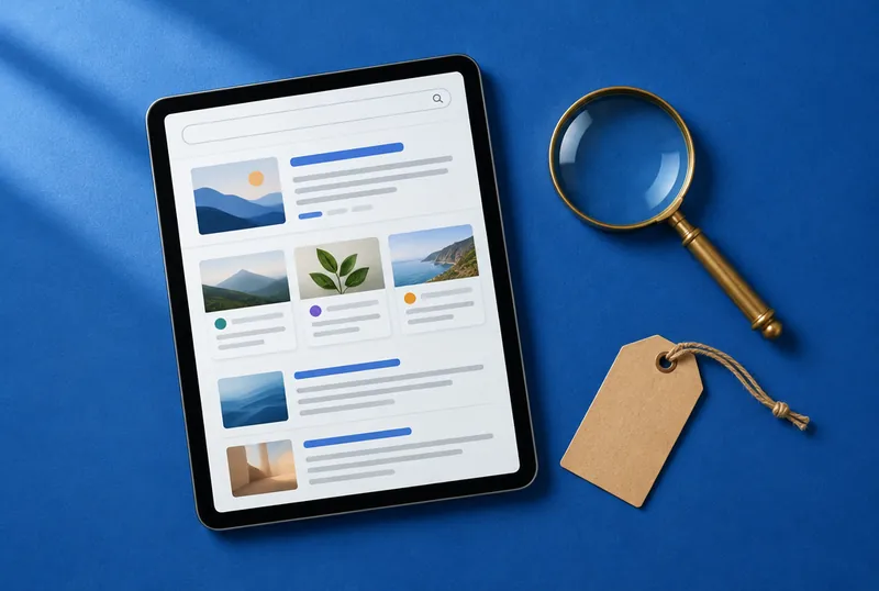 Tablet showing search results with sources next to a magnifying glass and a price tag